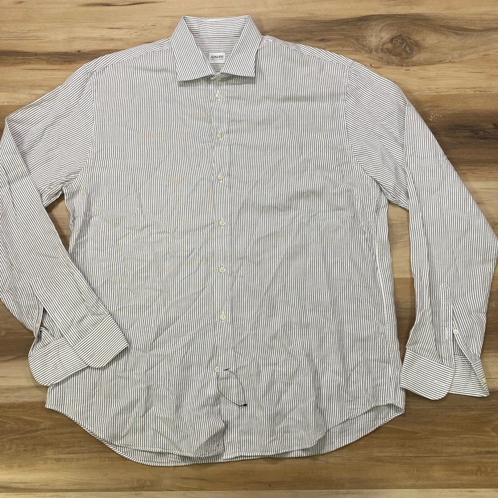 Armani Collezioni Button Up Shirt L Striped Cotton Regular Fit White Blue